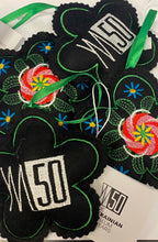 Load image into Gallery viewer, “YM50” embroidered double sided hanging flower ornament exclusively designed and made for The Ukrainian Museum honoring the 50th Anniversary. Made in Ukraine by “Kozhna Zmozhe”and 100% of the sales go directly to The Ukrainian Museum.
