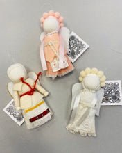 Load image into Gallery viewer, 3 1/2” Pompom Halo Angel Motanka as hanging ornament from Bakhmut Creative Workshop