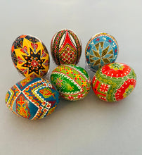 Load image into Gallery viewer, Pysanky hen eggs with symbolic graphic patterns