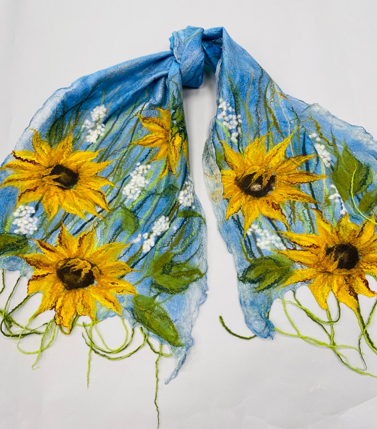 Nina Lapchyk Nona Felt over silk turquoise w/ sunflowers, green leaves Scarf  #426