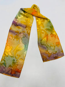 Nina Lapchyk  Burnout Silk Oblong Scarve with fall multicolor velvet flowers, leaves 48" x 8"