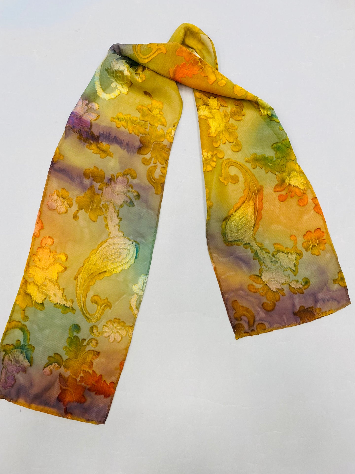 Nina Lapchyk  Burnout Silk Oblong Scarve with fall multicolor velvet flowers, leaves 48
