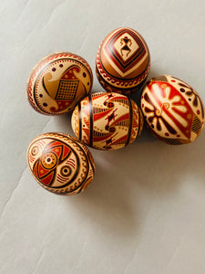 Trypillian Pysanky hen eggs with black, brown, beige designs , assorted