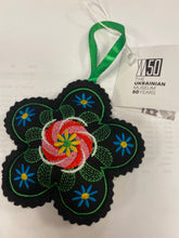 Load image into Gallery viewer, “YM50” embroidered double sided hanging flower ornament exclusively designed and made for The Ukrainian Museum honoring the 50th Anniversary. Made in Ukraine by “Kozhna Zmozhe”and 100% of the sales go directly to The Ukrainian Museum.
