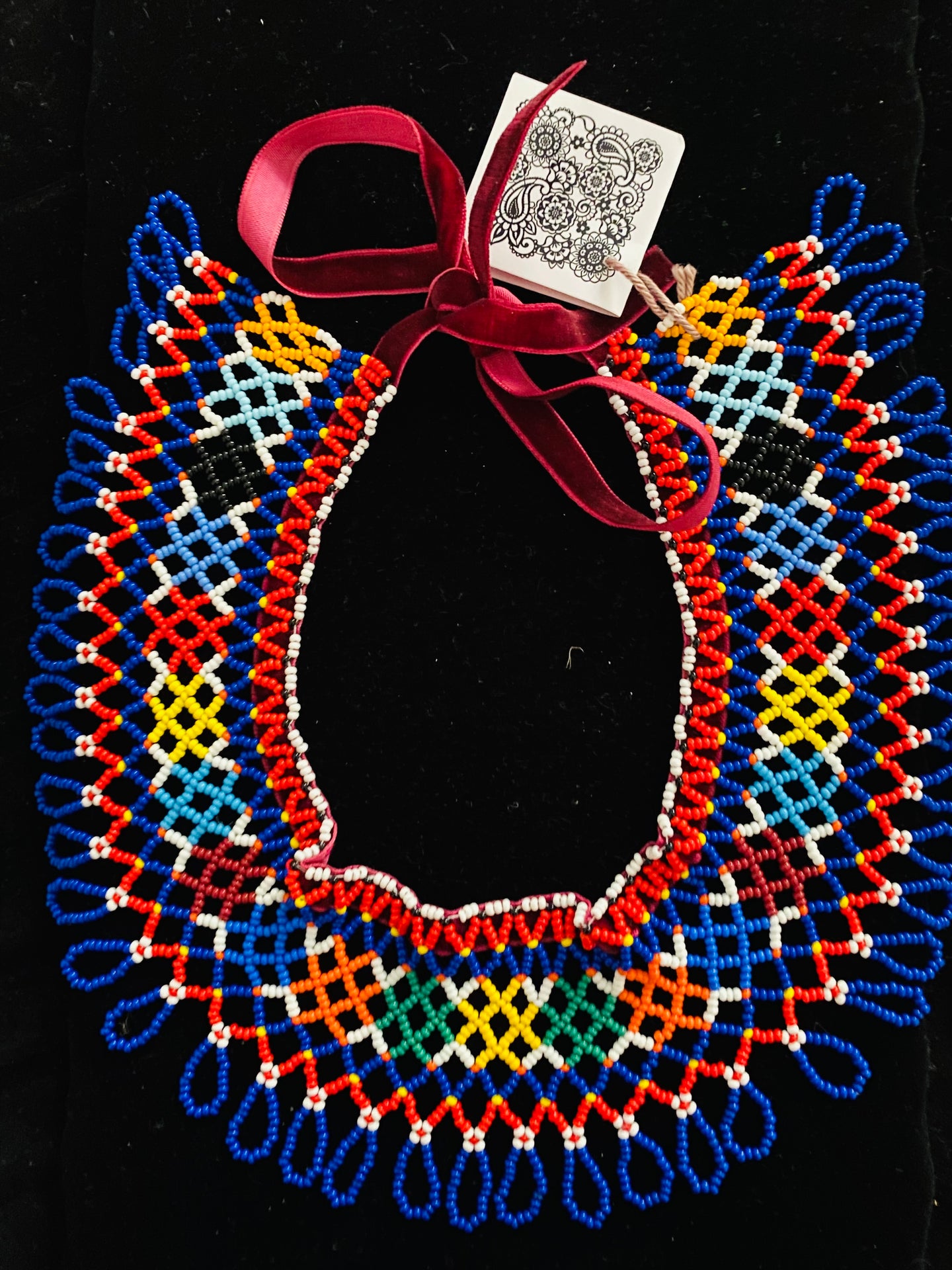 Bakhmut  3” wide Gerdan of multicolor beads on velvet self tie ribbon