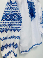 Load image into Gallery viewer, Girls Embroidered all over blue cross stitch on cotton shirt # 115
