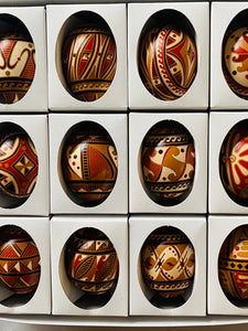 Trypillian Pysanky hen eggs with black, brown, beige designs , assorted