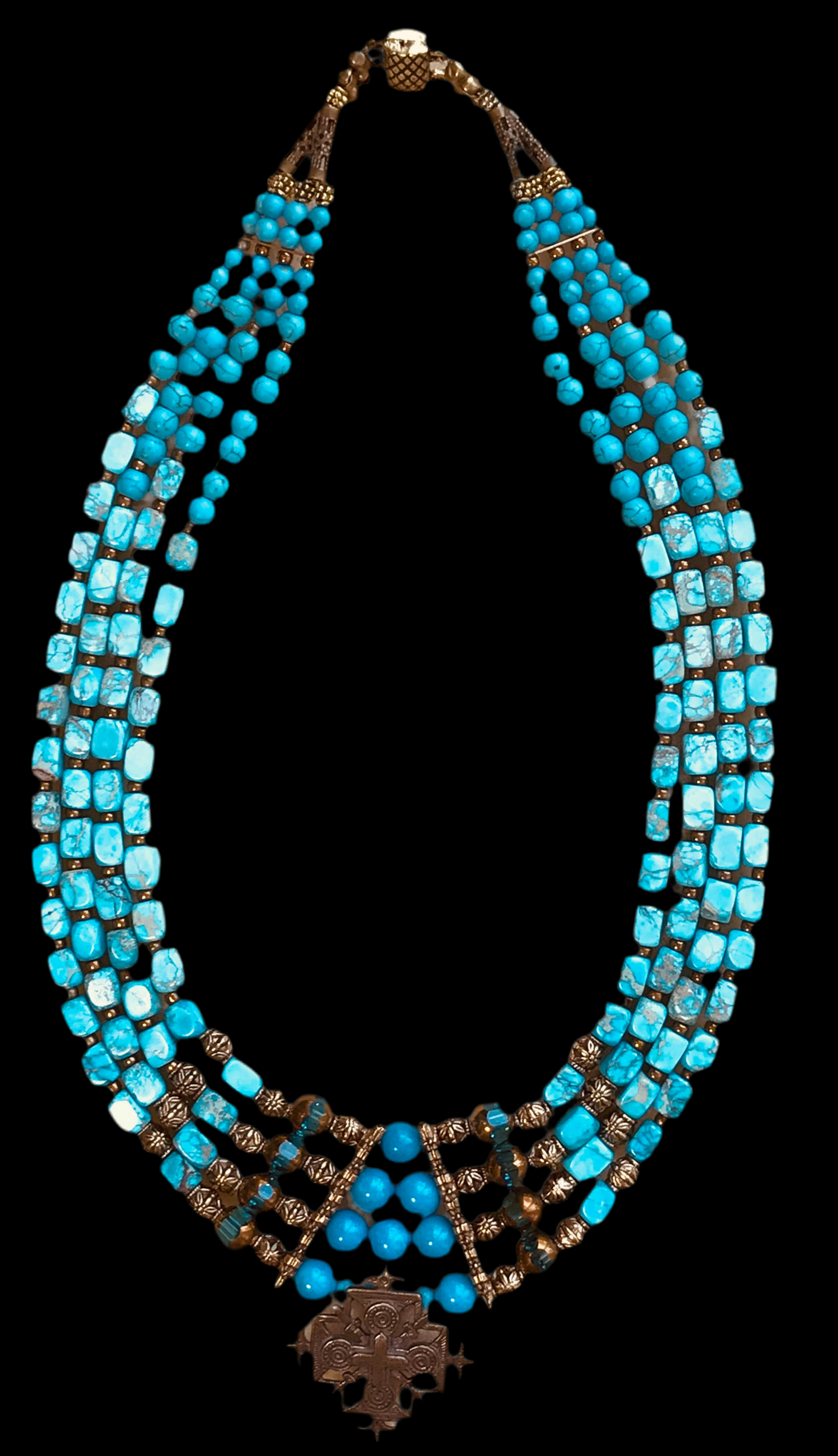 Yara Litosch four strand necklace of blue jasper & howlite beads ,Swarovski glass beads with brass cross   #94