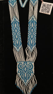 Bakhmut long  23” Gerdan of turquoise and white pearlized  beads with fringe on bottom