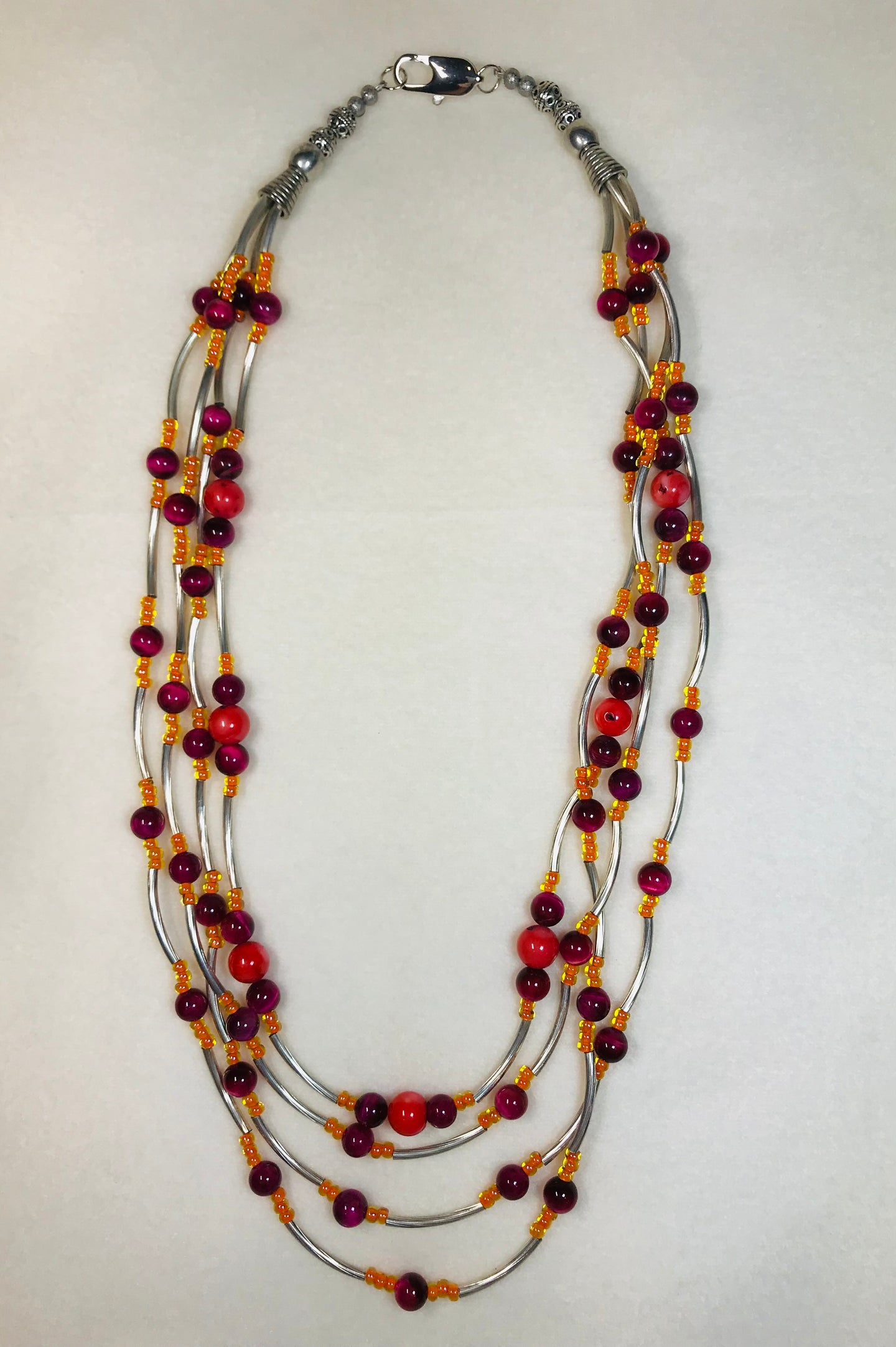 New! Yara Litosch  Four strand coral and fuschia tiger eye bead necklace   # 2