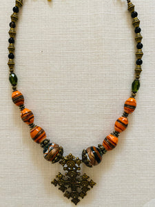 Olena Labunka single strand necklace of glass beads, traditional Hutsul cross #12