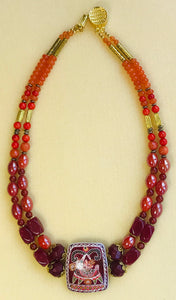 Yara Litosch  Double strand  Pysanka pendant ,glazed ceramic beads,carnelian,coral necklace #98