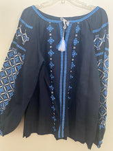 Load image into Gallery viewer, New! Women’s Embroidered navy linen blouse with tonal blue flat stitch embroidery   #329
