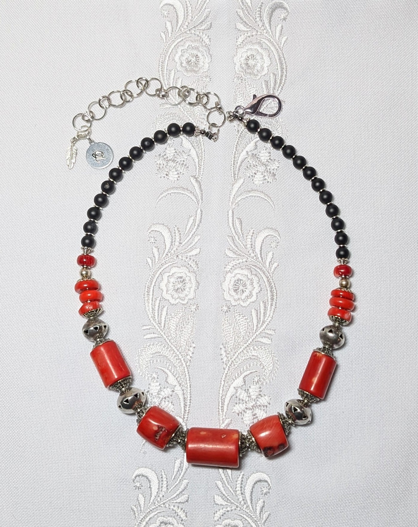 New! Olena Labunka single strand necklace of bamboo coral and black glass beads #6