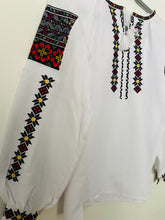 Load image into Gallery viewer, Womens Embroidered white blouse with stars &amp; multicolor on sleeves   # 99
