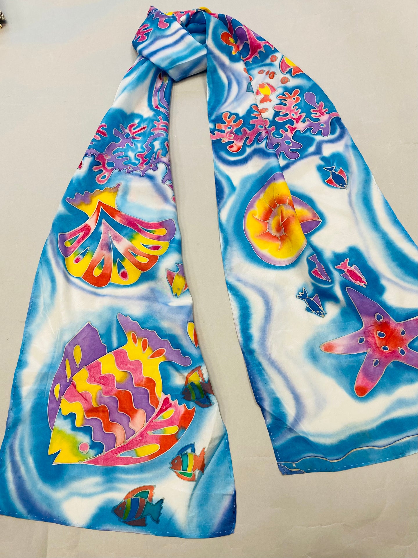 Nina Lapchyk Ocean animals on turquoise silk oblong 92