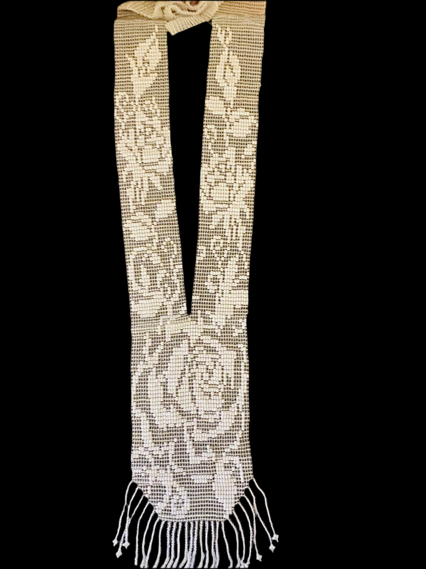 Bakhmut long  23” all over clear beads with white florals Gerdan with fringe at bottom