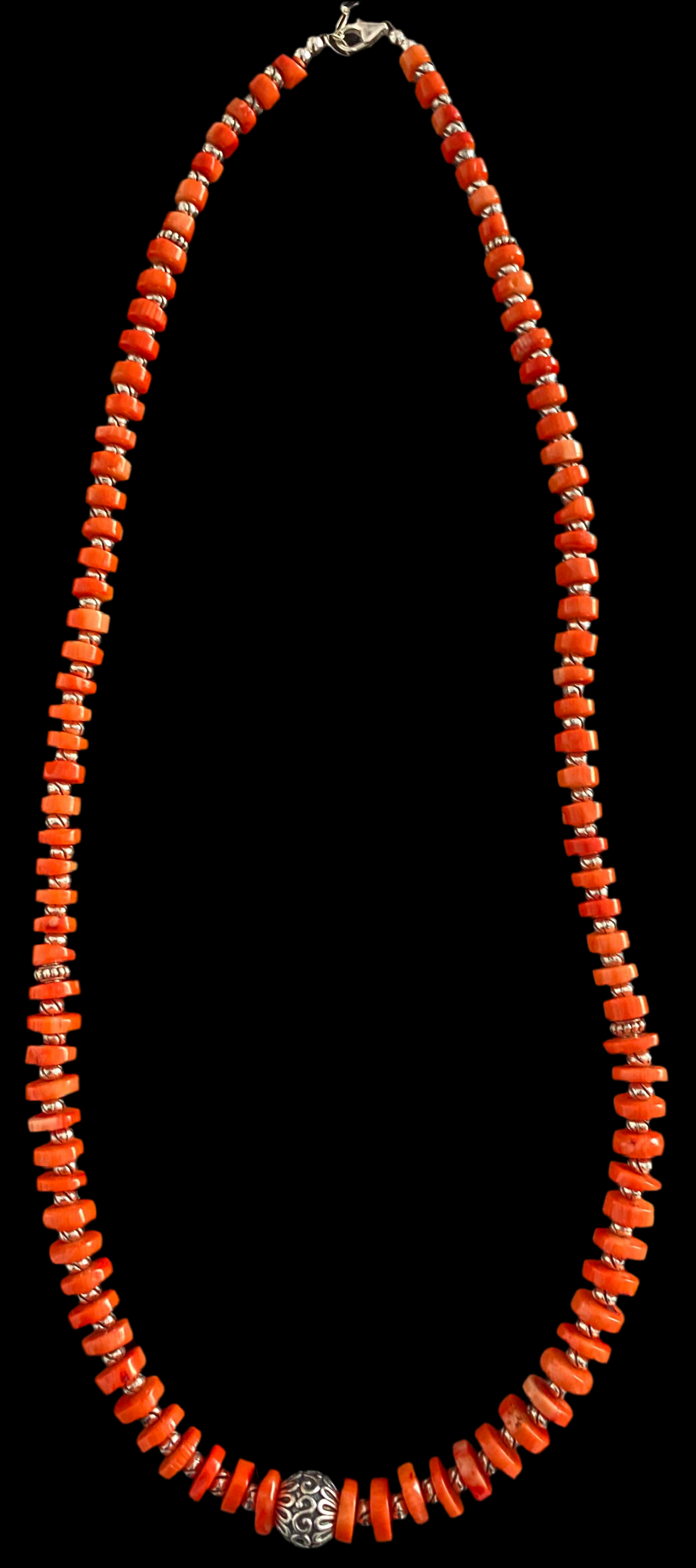 Nina Lapchyk 30” long cut orange coral beads with silver spacers and center filigree ball  medallion #125