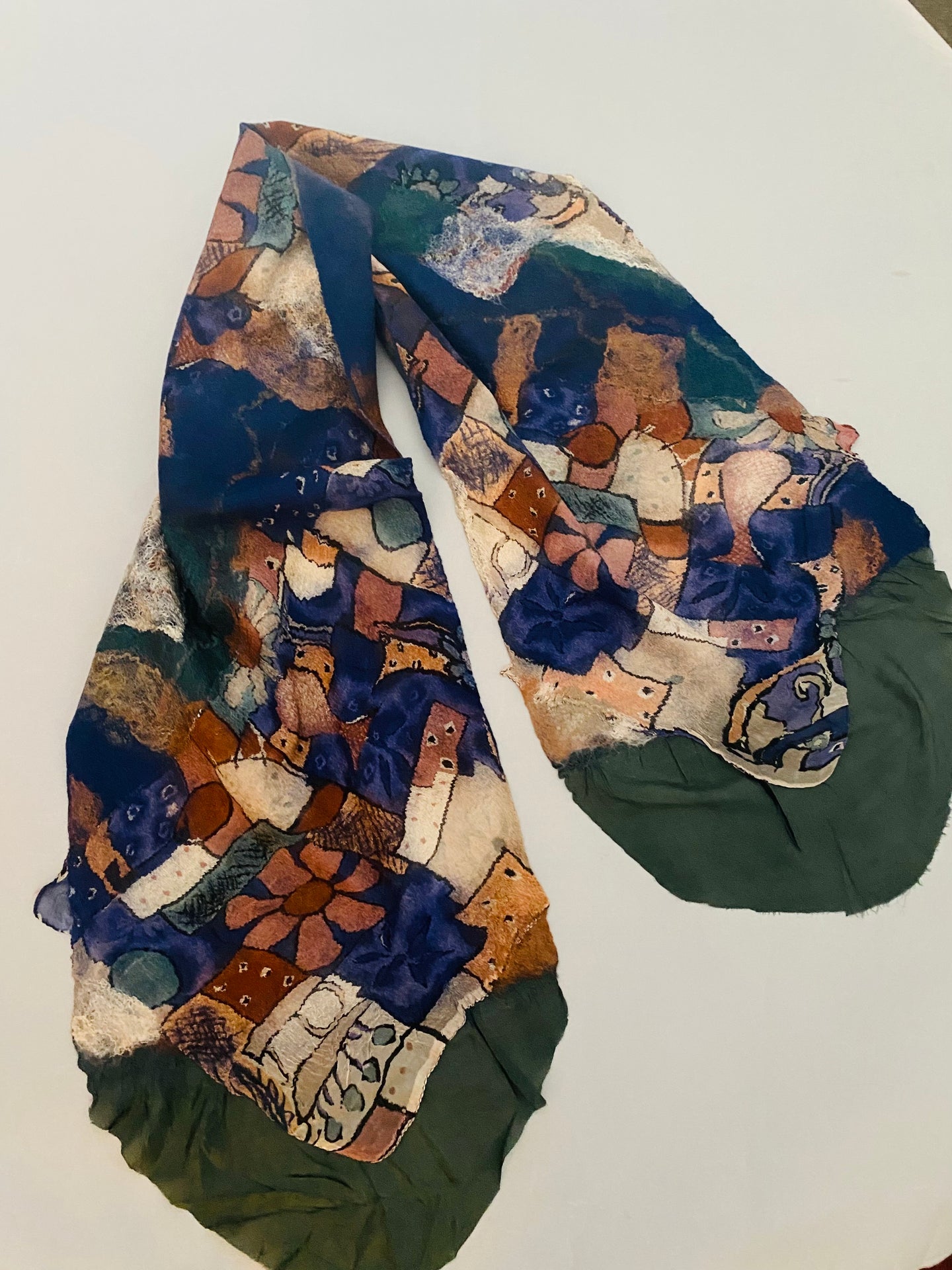 Nina Lapchyk Green with Navy Nona Felt Silk scarf with graphic design  #370