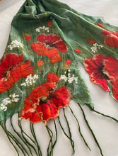 Load image into Gallery viewer, Nina Lapchyk Green Nona Felt Silk scarve with Red Maky Scarf with fringe #366
