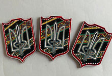 Load image into Gallery viewer, Wooden Tryzub magnet with painted embroidery design  2&quot; x 2.5&quot;
