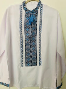 Men's Embroidered Shirt   white with blue multi  # 957