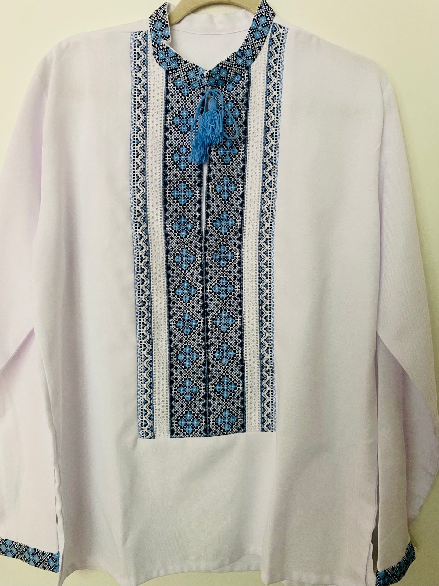 Men's Embroidered Shirt   white with blue multi  # 957