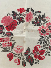 Load image into Gallery viewer, Embroidered Vintage Linen Tablecloth  48&quot; x 48&quot; square with fringe
