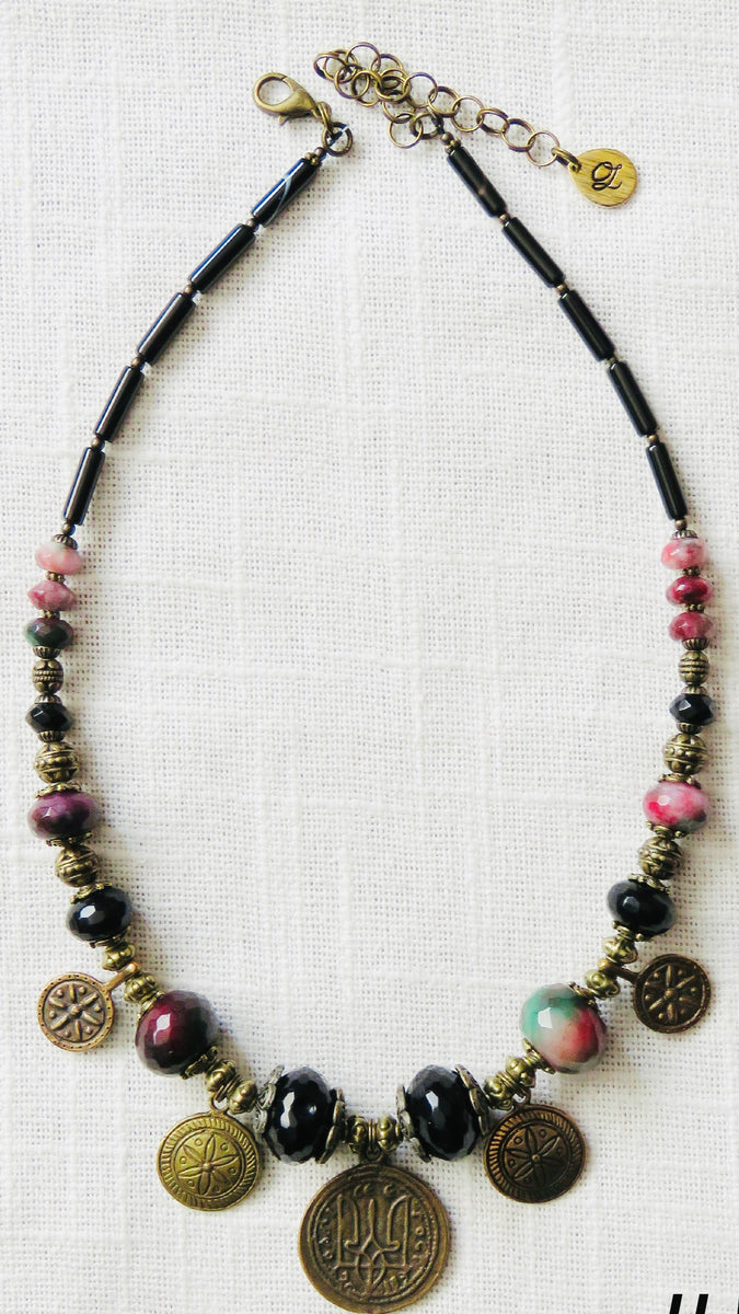 Olena Labunka's single strand jade beads, agate beads, onyx bead neckl ...