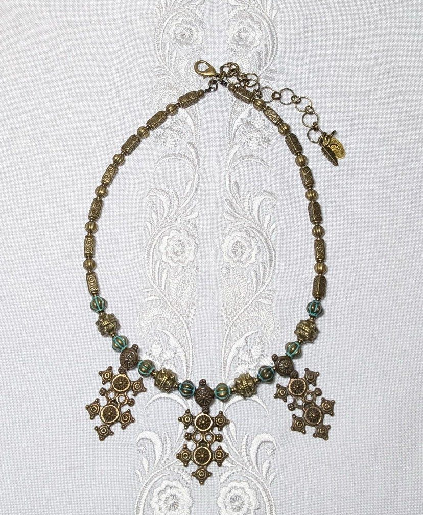 New! Olena Labunka necklace of brass and metal alloys beads and findings,traditional Hutsul  cross pendants, “zgardas” #13