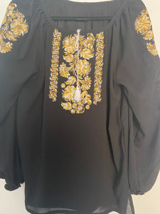 Blouse Embroidered Womens Black with gold flowers   #287