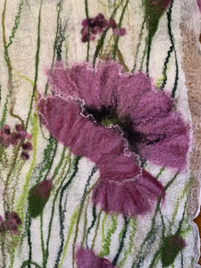 Nina Lapchyk  Nona  Wool Felt White Scarf with violet-pink Maky(poppies) with fringe  #406