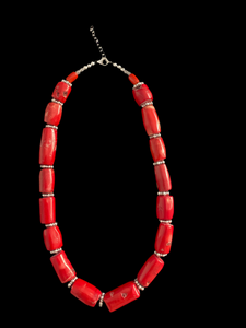 Nina Lapchyk 19" fat barrel coral beads w/silver spacers necklace  #101