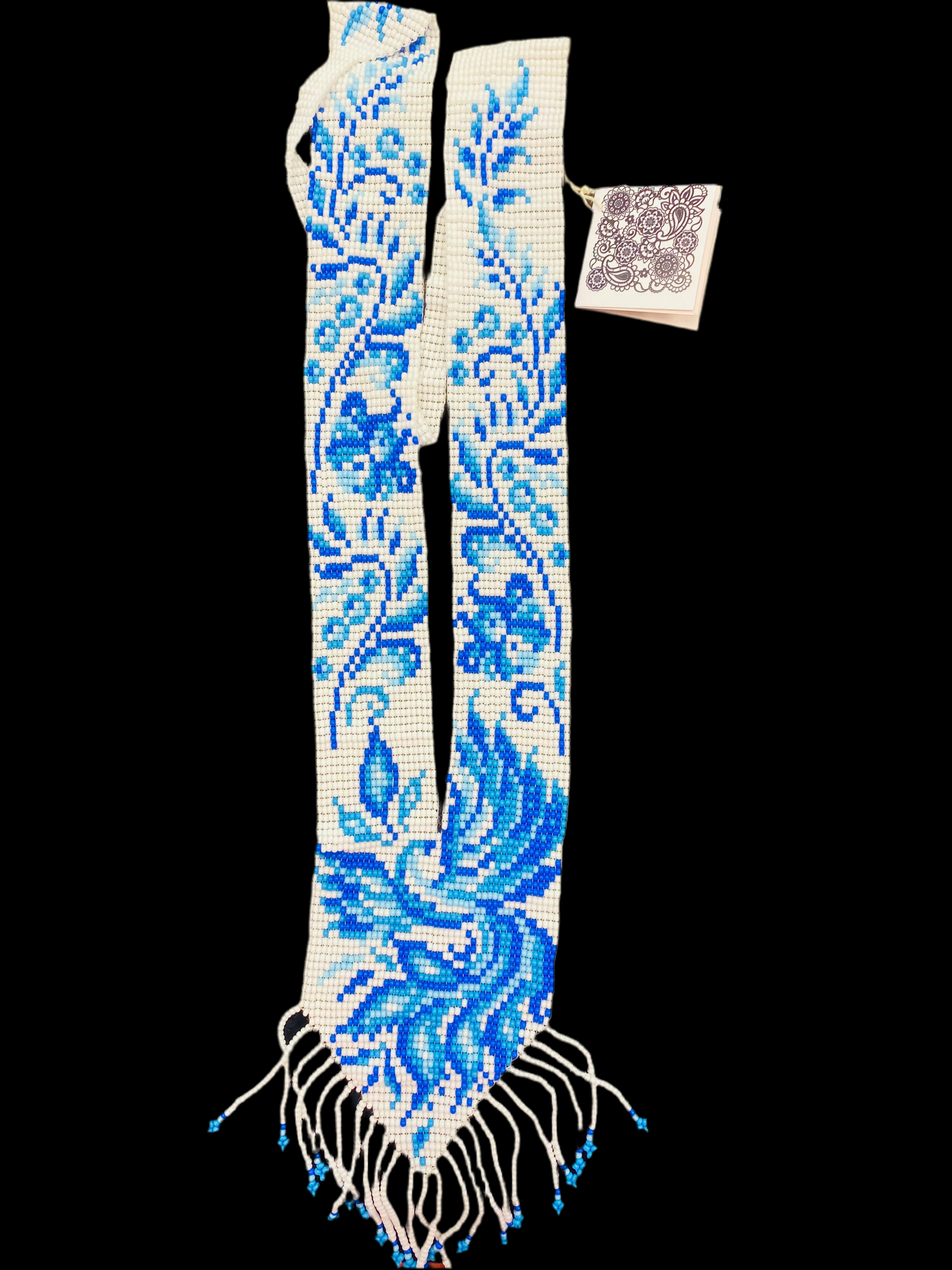 Bakhmut long  23” white with blue with florals Gerdan with fringe at bottom