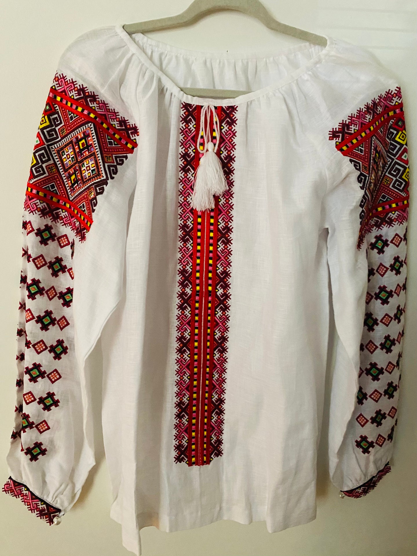 Blouse Embroidered Womens white linen with modern red,pink flat stitch embroidery    #340