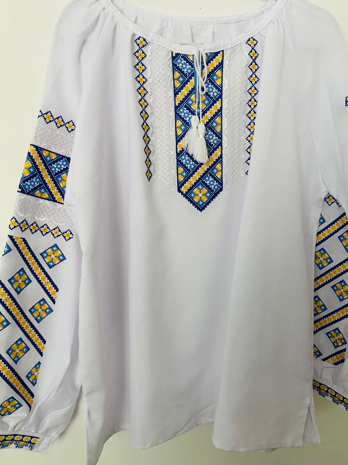 Blouse Embroidered Womens blue, yellow,black on white  linen #299