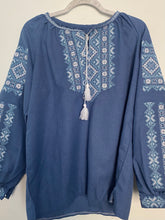 Load image into Gallery viewer, Blouse Embroidered Womens chambray with shades of blue and white    #340
