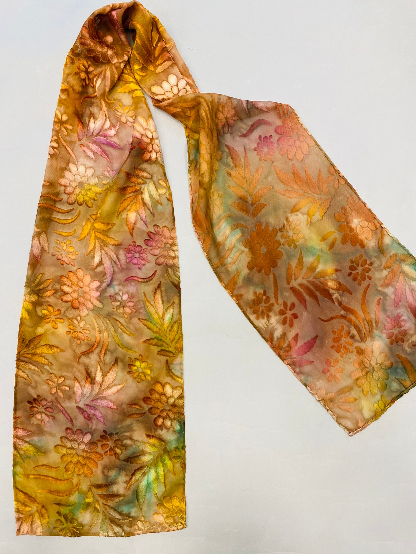 Nina Lapchyk  Burnout Silk Oblong Scarve with multicolor velvet flowers, leaves  54”x10”