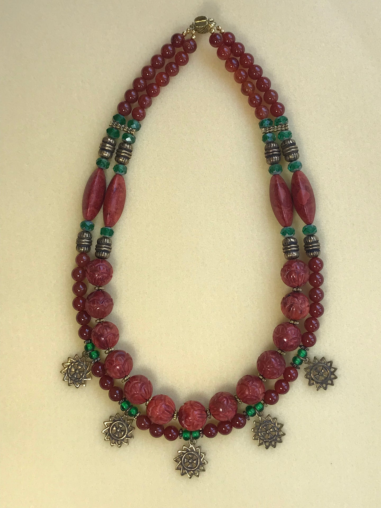 Yara Litosch double strand necklace with 5 Ukrainian decorative brass elements , carved sponge coral , carnelian Swarovski glass & metal beads # 96