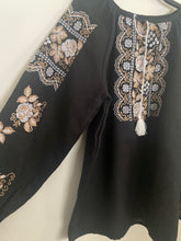 Load image into Gallery viewer, New! Women’s Embroidered black cotton blouse with natural and white cross-stitch embroidery   #339
