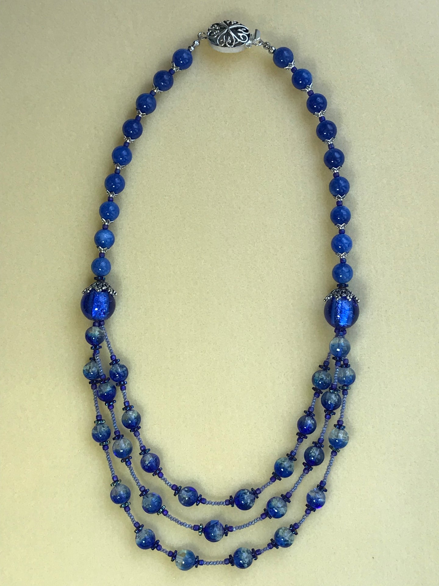 Yara Litosch triple into single strand necklace of blue lapis & two tone glass beads  #99