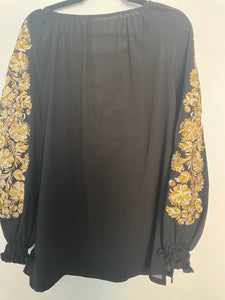 Blouse Embroidered Womens Black with gold flowers   #287