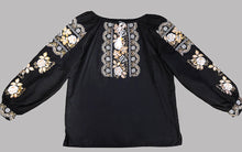 Load image into Gallery viewer, New! Women’s Embroidered black cotton blouse with natural and white cross-stitch embroidery   #339
