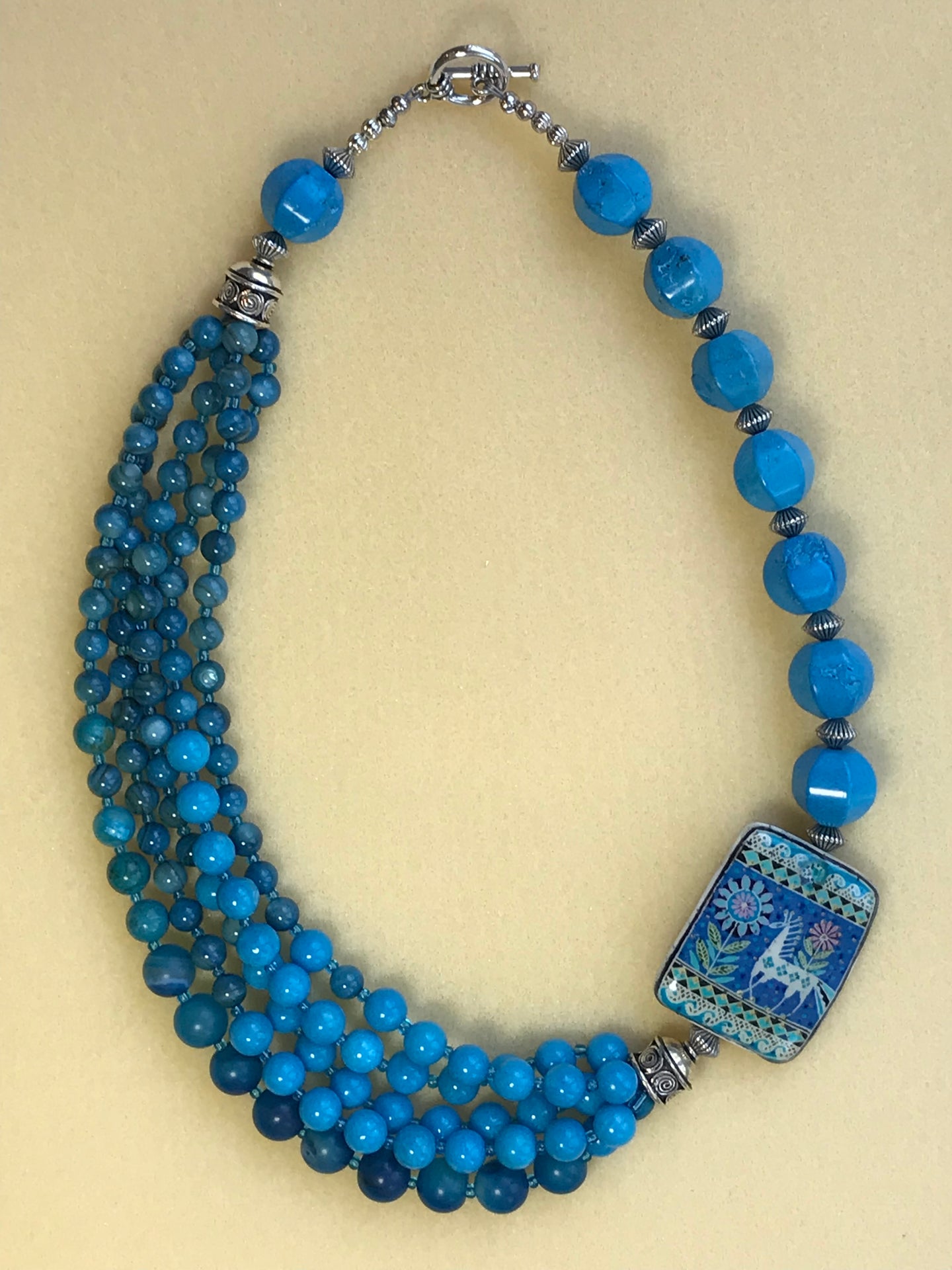 Yara Litosch Multi strand into single strand asymmetrical design with Pysanka pendant,howlite & blue eyed shell beads necklace # 100