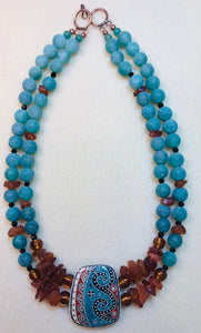 Yara Litosch double strand Pysanka pendant,matte crackle agate,amber chip bead necklace  # 88