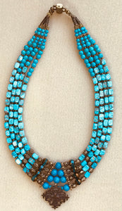 Yara Litosch four strand necklace of blue jasper & howlite beads , Swarovski glass beads with brass cross   #94