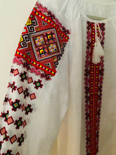 Load image into Gallery viewer, Blouse Embroidered Womens white linen with modern red,pink flat stitch embroidery    #340
