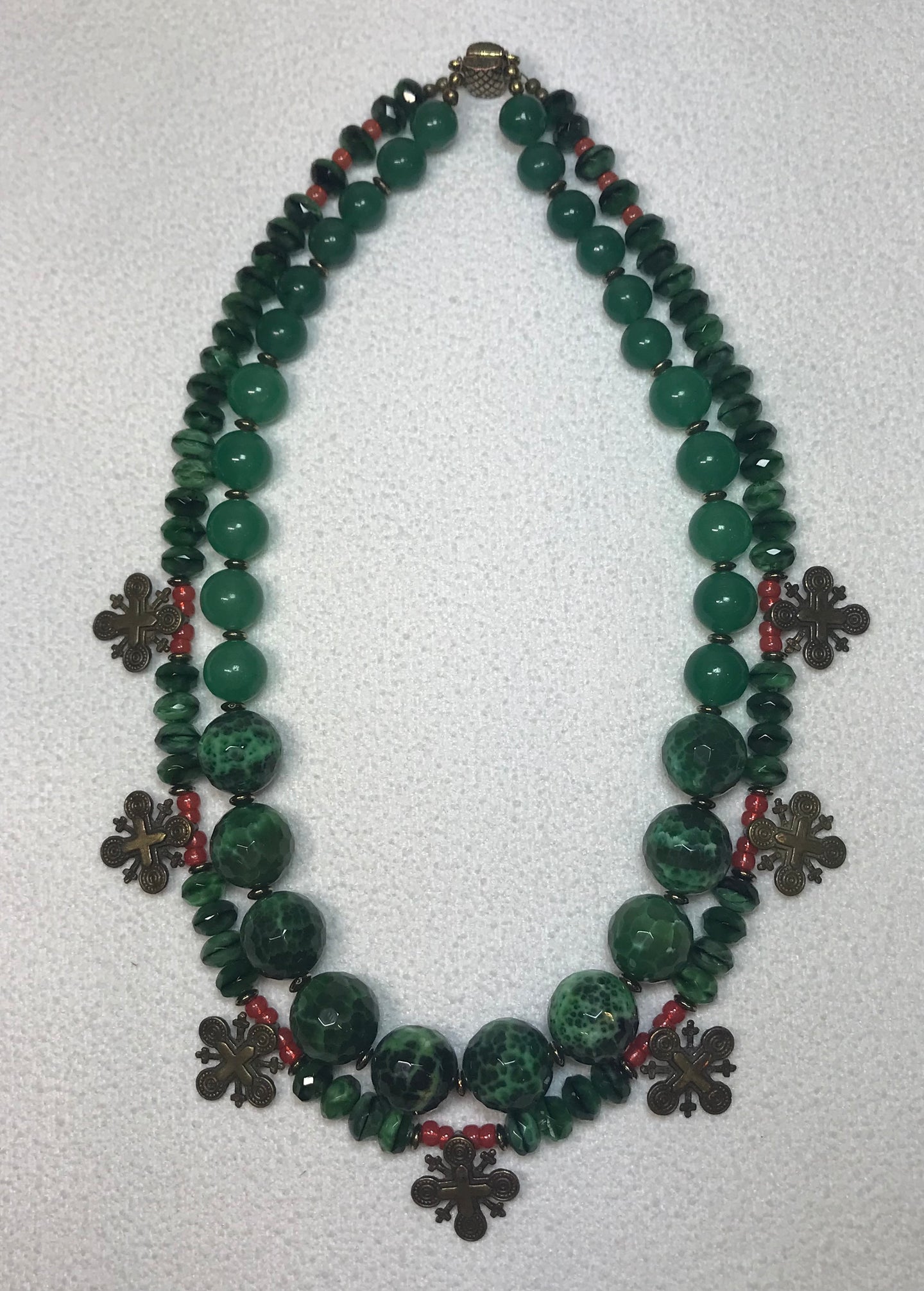 New! Yara Litosch double strand necklace of bronze Ukrainian crosses,green faceted jasper rounds #11 #11
