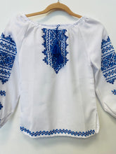 Load image into Gallery viewer, Girls Embroidered all over blue cross stitch on cotton shirt # 115
