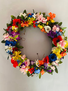 Large 15" ring of beautiful silk multicolor flowers on grapevine wreath  15" in diameter